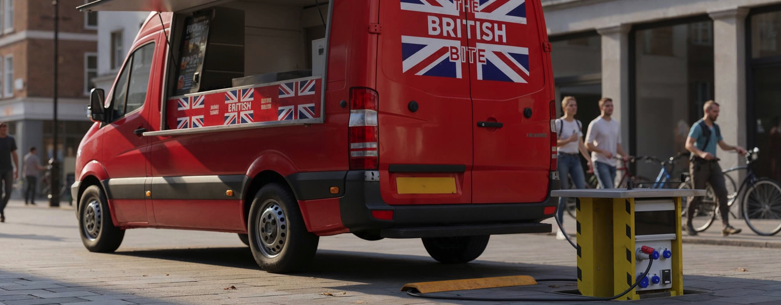 3d illustration of a pop up power unit connected to a food van